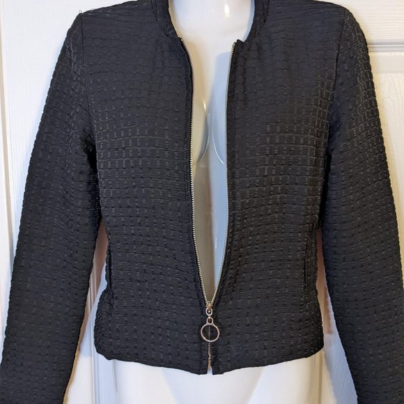Maje Black Textured Zip Front Long Sleeve Elastic Waist Jacket size S USA/36 EU* - Picture 2 of 9